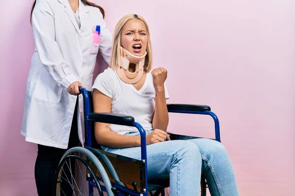 Beautiful Blonde Woman Sitting Wheelchair Collar Neck Angry Mad Raising — Zdjęcie stockowe
