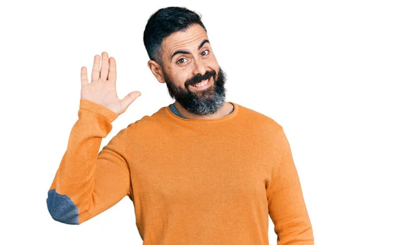 Homem Hispânico Com Barba Vestindo Camisola Inverno Casual Renúncia Dizendo — Fotografia de Stock