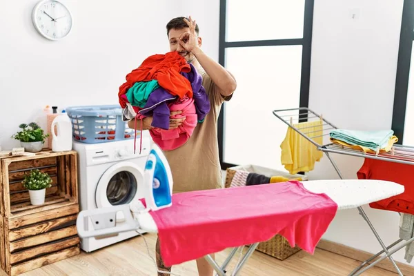 Young Handsome Man Holding Laundry Ready Iron Smiling Happy Doing — Stockfoto