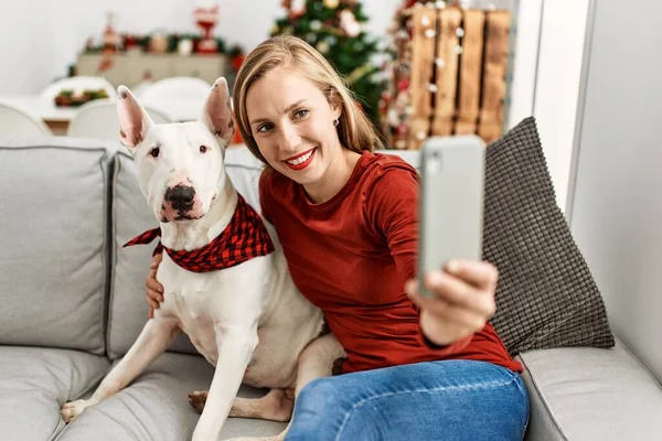 Kafkasyalı Genç Bir Kadın Akıllı Telefonun Başında Köpekle Evde Noel — Stok fotoğraf