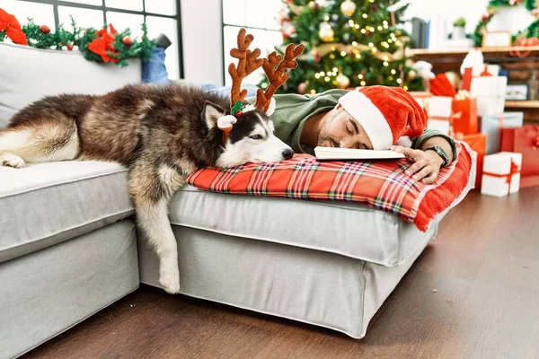 Young Hispanic Man Sleeping Lying Sofa Dog Christmas Tree Home — Stock Photo, Image