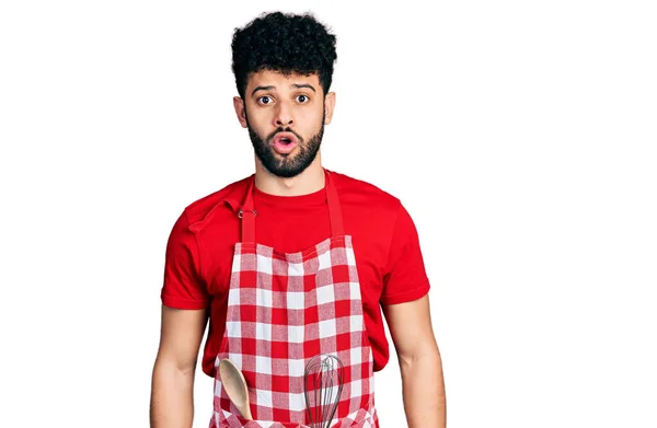 Young Arab Man Beard Wearing Cook Apron Afraid Shocked Surprise — Stock Photo, Image