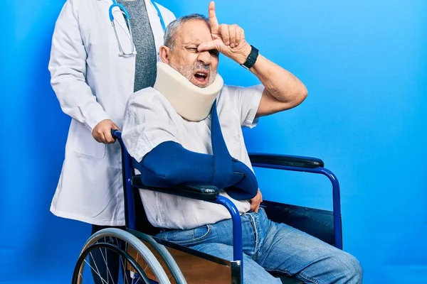 Handsome Senior Man Beard Sitting Wheelchair Neck Collar Making Fun — Stock Photo, Image