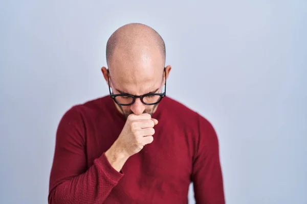 Young Bald Man Beard Standing White Background Wearing Glasses Feeling — Foto Stock