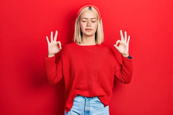 Beautiful Blonde Woman Wearing Casual Red Sweater Relax Smiling Eyes — Stok fotoğraf
