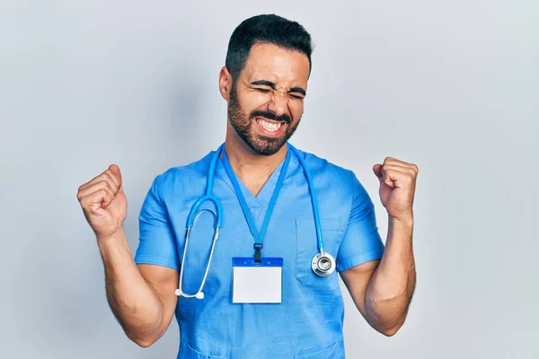 Handsome Hispanic Man Beard Wearing Doctor Uniform Very Happy Excited — Φωτογραφία Αρχείου