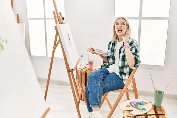 Young Artist Woman Painting Canvas Art Studio Crazy Mad Shouting — Stock Photo, Image