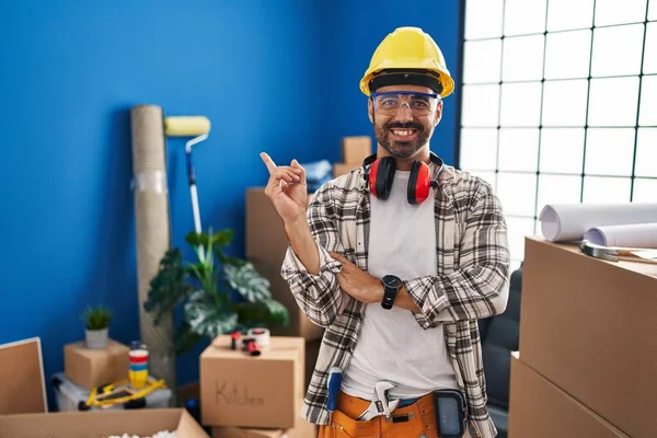 Young Hispanic Man Beard Working Home Renovation Big Smile Face — Stockfoto