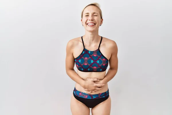Young Blonde Woman Wearing Sporty Bikini Isolated Background Smiling Laughing — Stock Fotó