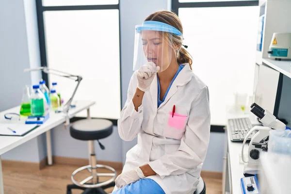 Young Blonde Woman Working Scientist Laboratory Wearing Face Mask Feeling — Stockfoto