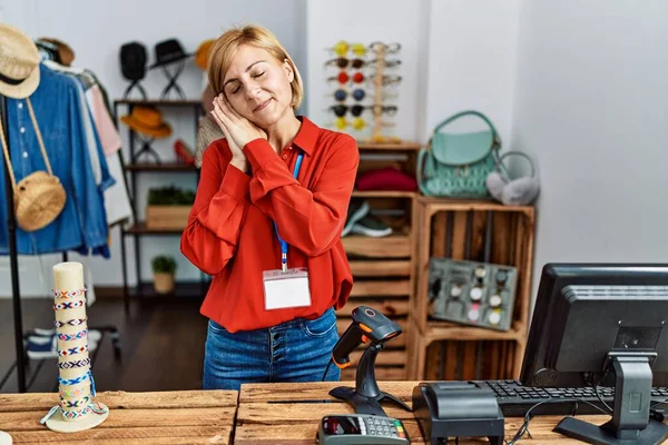 Middle Age Blonde Woman Working Working Manager Retail Boutique Sleeping — ストック写真