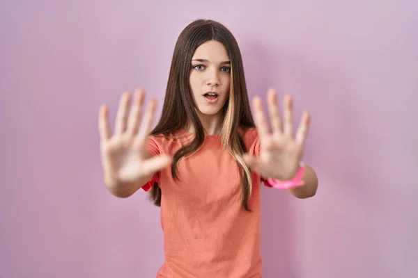Teenager Girl Standing Pink Background Doing Stop Gesture Hands Palms — 스톡 사진