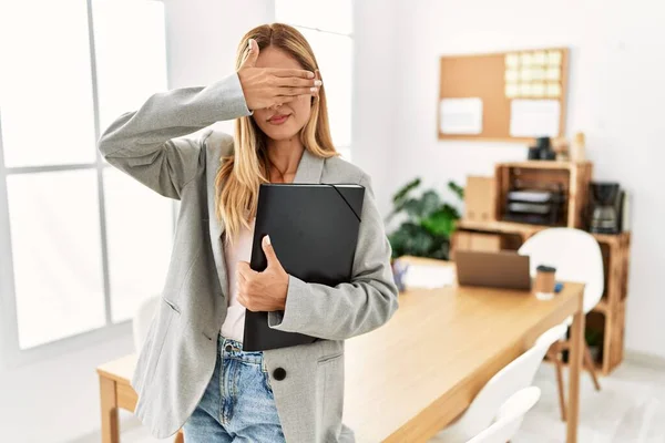 Blonde Business Woman Office Covering Eyes Hand Looking Serious Sad — Stock Photo, Image