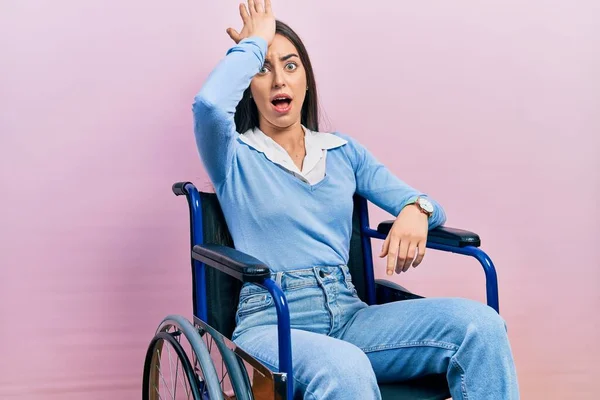 Beautiful Woman Blue Eyes Sitting Wheelchair Surprised Hand Head Mistake — Stock fotografie