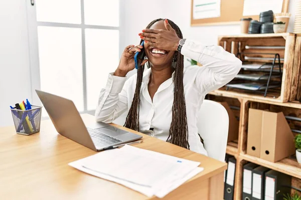Black Woman Braids Working Office Speaking Phone Smiling Laughing Hand — Fotografia de Stock