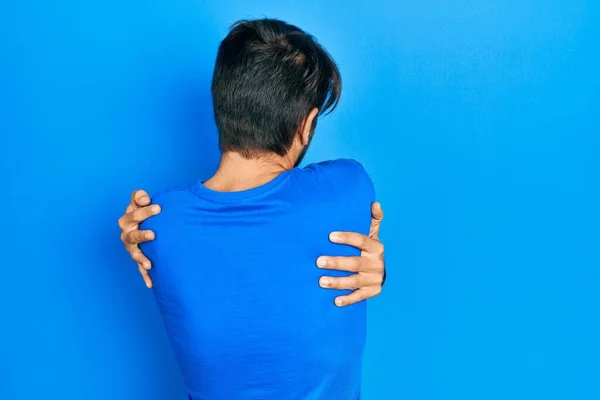 Young Hispanic Man Wearing Casual Clothes Hugging Oneself Happy Positive — Stock Photo, Image