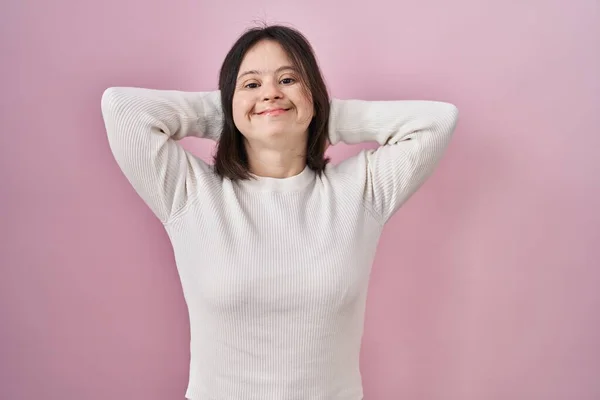 Woman Syndrome Standing Pink Background Relaxing Stretching Arms Hands Head — Foto de Stock