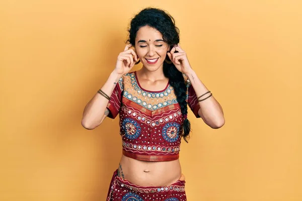 Young Woman Wearing Bindi Bollywood Clothing Covering Ears Fingers Annoyed — Stock Fotó