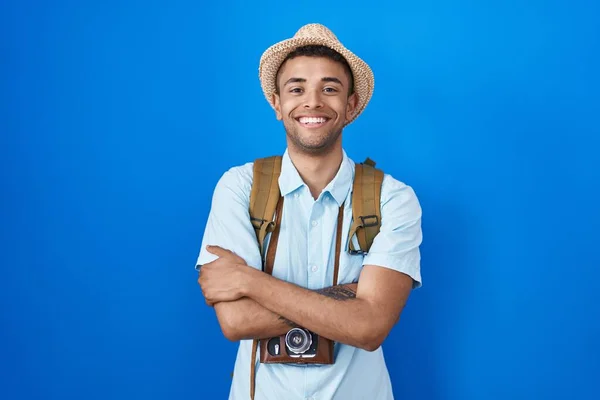 Brazilian Young Man Holding Vintage Camera Happy Face Smiling Crossed — Stock Photo, Image