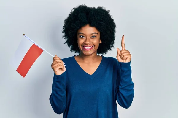 Молодая Африканская Американка Флагом Польши Улыбается Идеей Вопросом Указывая Пальцем — стоковое фото