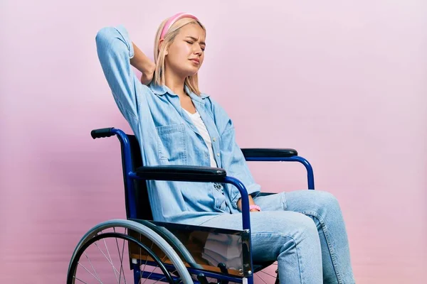 Beautiful Blonde Woman Sitting Wheelchair Suffering Neck Ache Injury Touching — Stok fotoğraf