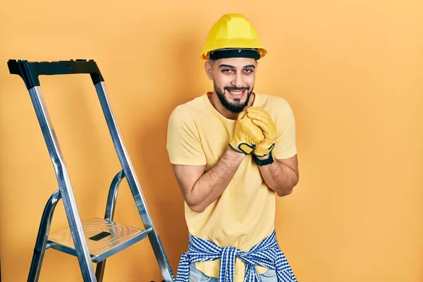 Handsome Man Beard Construction Stairs Wearing Hardhat Laughing Nervous Excited — 스톡 사진