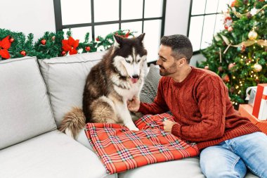 Evdeki Noel ağacının yanında köpekle kanepede otururken kendine güvenen İspanyol genç adam.