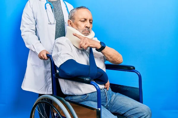 Handsome Senior Man Beard Sitting Wheelchair Neck Collar Pointing Hand — Foto de Stock