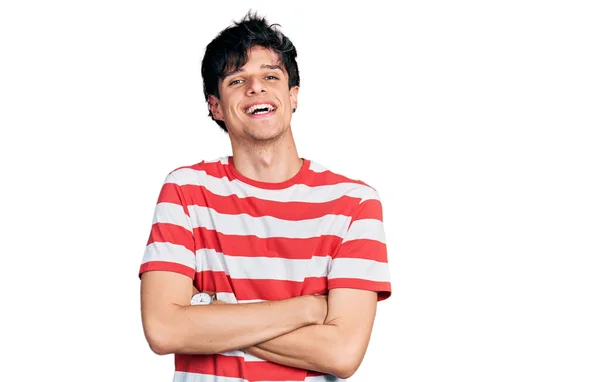 Handsome Hipster Young Man Wearing Casual Striped Shirt Happy Face — Stockfoto