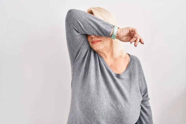 Middle Age Caucasian Woman Standing White Background Covering Eyes Arm — Stockfoto