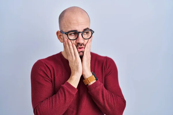 Young Bald Man Beard Standing White Background Wearing Glasses Tired — Zdjęcie stockowe