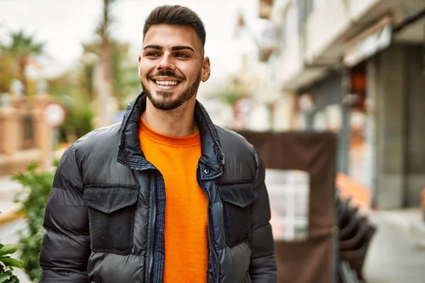 Handsome Hispanic Man Beard Smiling Happy Confident City Wearing Winter — Stock Photo, Image