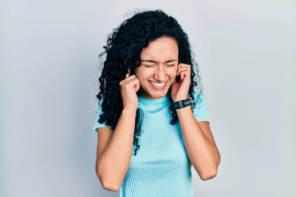 Young Hispanic Woman Curly Hair Wearing Casual Blue Shirt Covering — Stock Fotó