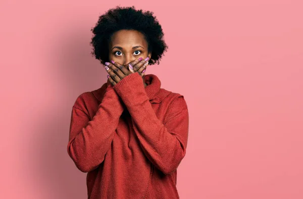 African American Woman Afro Hair Wearing Turtleneck Sweater Shocked Covering — Foto Stock