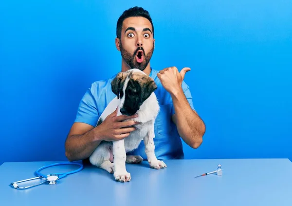 Handsome Hispanic Veterinary Man Beard Checking Dog Health Surprised Pointing — Foto Stock