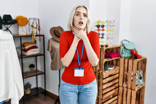 Young Caucasian Woman Working Manager Retail Boutique Shouting Suffocate Because — Photo