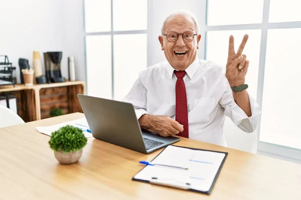Senior Man Working Office Using Computer Laptop Smiling Happy Face — Fotografia de Stock