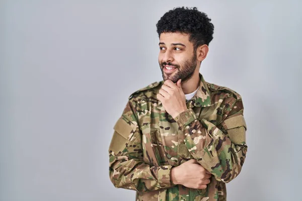 Arab Man Wearing Camouflage Army Uniform Hand Chin Thinking Question — Stock Photo, Image