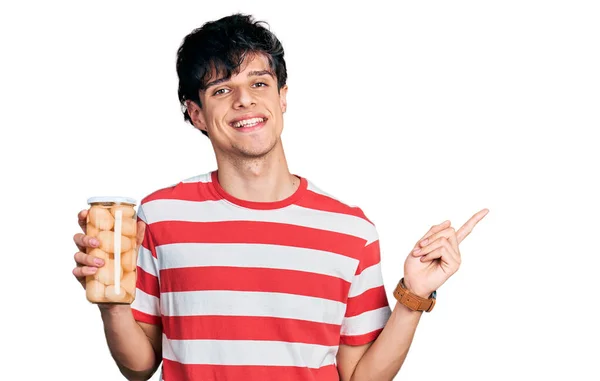 Handsome Hipster Young Man Holding Bottle Boiled Potatoes Smiling Happy — Stockfoto