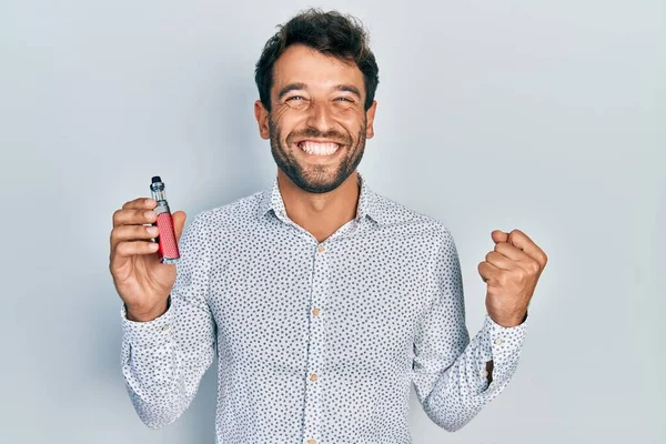 Handsome Man Beard Football Reporter Holding Electronic Cigarette Screaming Proud — Stock Photo, Image