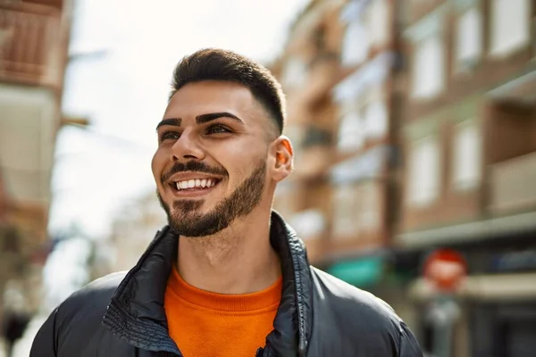 Handsome Hispanic Man Beard Smiling Happy Confident City Wearing Winter — Stock Photo, Image