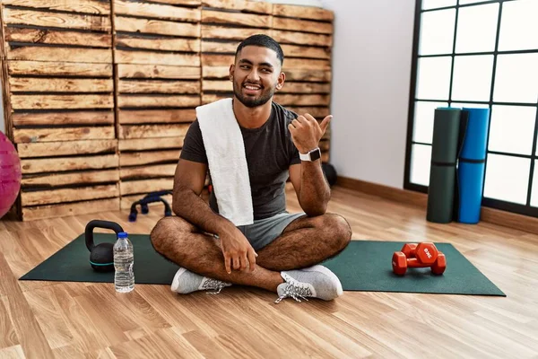 Young Indian Man Sitting Training Mat Gym Smiling Happy Face — Stok fotoğraf