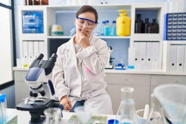 Hispanic Girl Syndrome Working Scientist Laboratory Looking Confident Camera Smiling — Fotografia de Stock