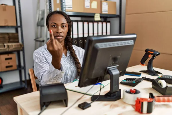 African Woman Working Small Business Ecommerce Showing Middle Finger Impolite — Photo