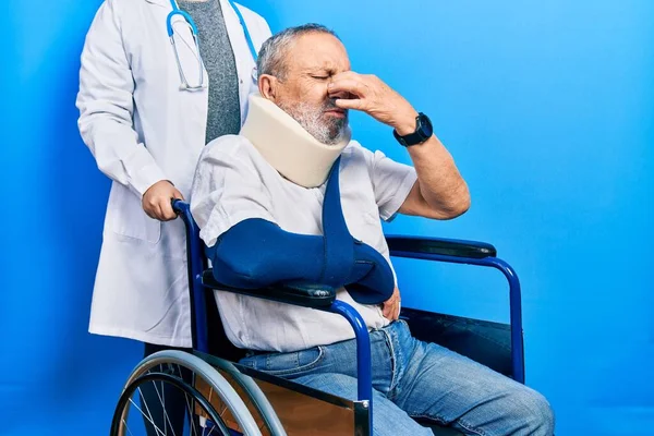 Handsome Senior Man Beard Sitting Wheelchair Neck Collar Smelling Something — Foto de Stock