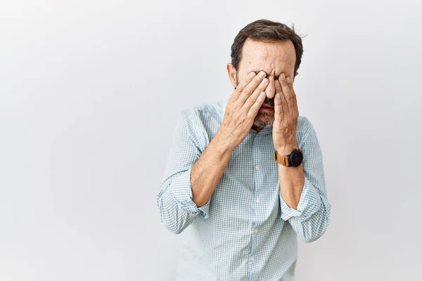 Middle Age Hispanic Man Beard Standing Isolated Background Rubbing Eyes — Stockfoto