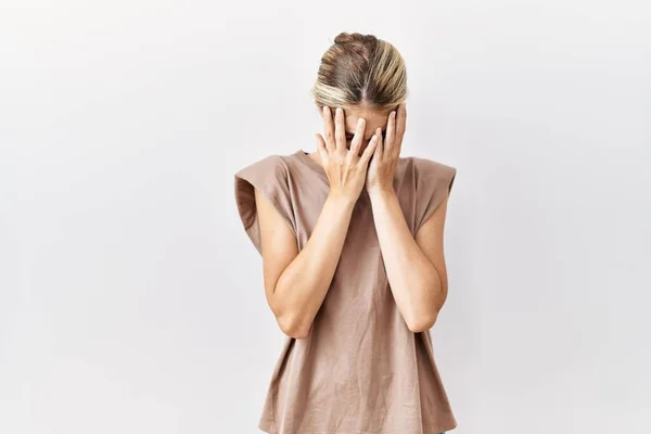 Young Blonde Woman Standing Isolated Background Sad Expression Covering Face — 스톡 사진