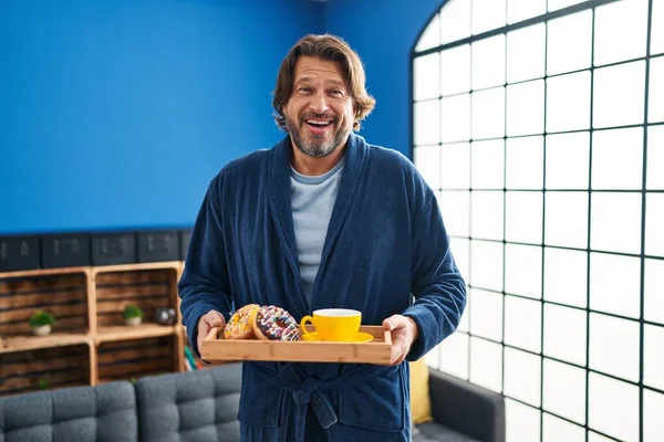 Handsome Middle Age Man Holding Tray Breakfast Food Smiling Laughing — Stockfoto