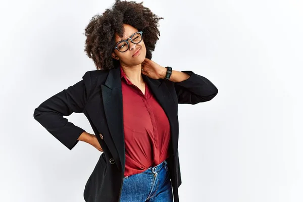 African American Woman Afro Hair Wearing Business Jacket Glasses Suffering — Photo