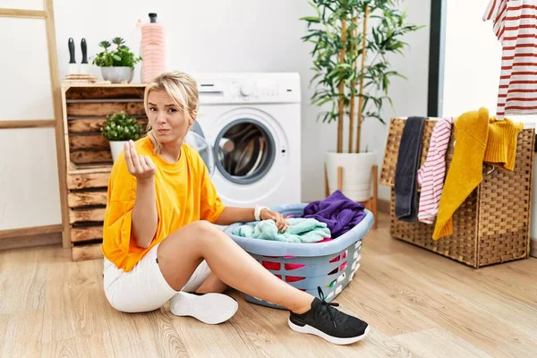 Young Caucasian Woman Putting Dirty Laundry Washing Machine Doing Italian — Stockfoto